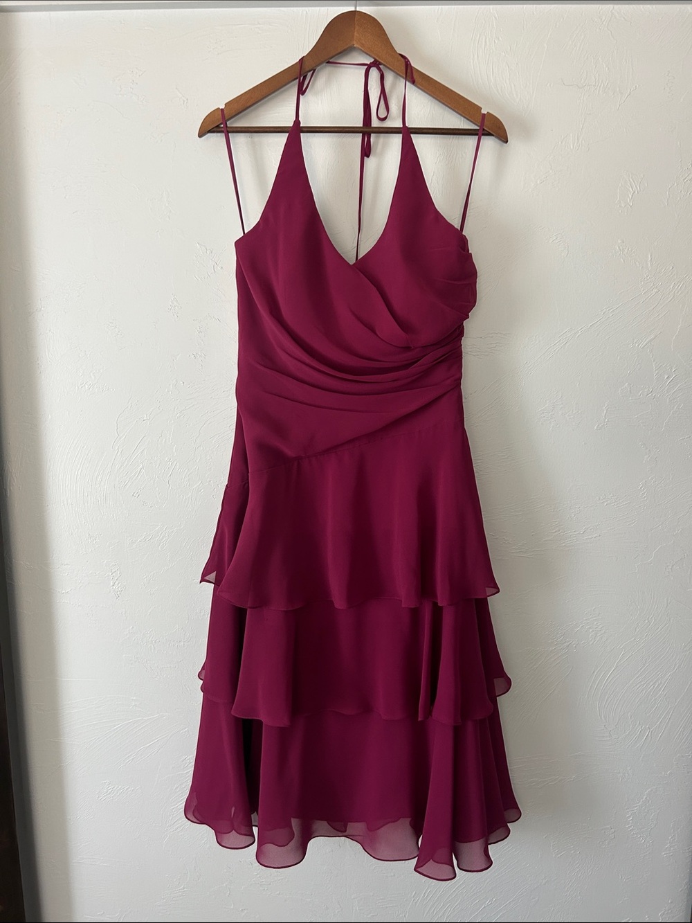 me too Strapless Halter Ruffle Tiered Dress in Wine Burgundy